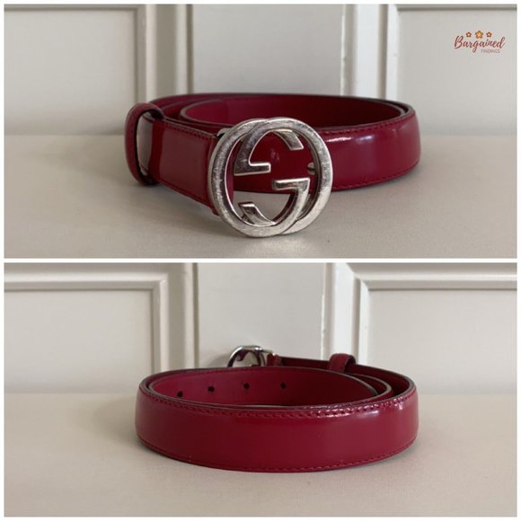 Authentic Gucci Red Coated Calfskin Leather Silver Interlocking G Buckle Belt 32 main image 10